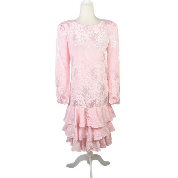 Vintage 80s Diane Von Furstenberg Light Pink Satin Floral Drop Waist Party Dress - Picture 1 of 5